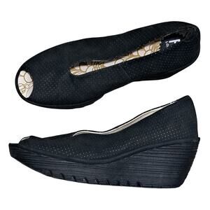 Fly London Yury Peep Toe Wedge Leather Suede Goth Shoes Size 40 US 9-9.5 Black